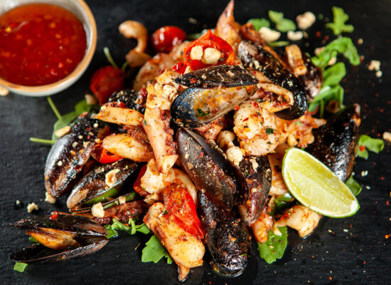 Delicious seafood with spicy sos.Mediterranean fine cuisine